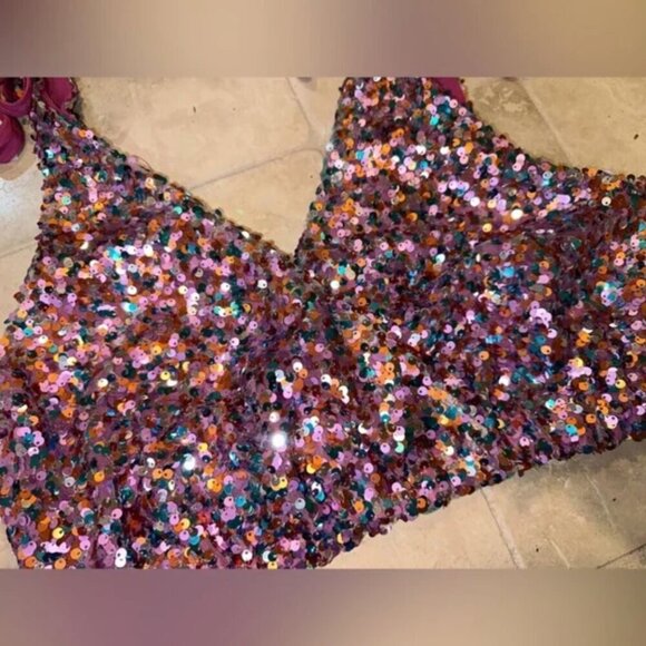 Free People Big Night Sequin Crop Top S Confetti in Pink Sparkle Barbie Surplice - Picture 5 of 10